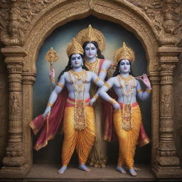 A divine imagery featuring Lord Ram and Lord Krishna, two prominent deities in Hindu mythology, together in an ornate, mystical setting