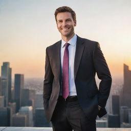 A confident, successful individual standing on top of a skyscraper, looking out over a city skyline at sunset, wearing a business suit with a bright smile on their face.