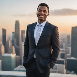 A confident, successful individual standing on top of a skyscraper, looking out over a city skyline at sunset, wearing a business suit with a bright smile on their face.