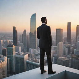 A confident, successful individual standing on top of a skyscraper, looking out over a city skyline at sunset, wearing a business suit with a bright smile on their face.