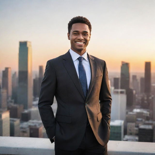 A confident, successful individual standing on top of a skyscraper, looking out over a city skyline at sunset, wearing a business suit with a bright smile on their face.