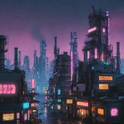 A cityscape in Cyberpunk aesthetics fused with Gaspunk elements, featuring high-tech, dystopian buildings, neon lights, digital billboards, with towering industrial facilities, and chimneys venting gasses under a neon-right sky