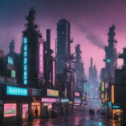 A cityscape in Cyberpunk aesthetics fused with Gaspunk elements, featuring high-tech, dystopian buildings, neon lights, digital billboards, with towering industrial facilities, and chimneys venting gasses under a neon-right sky