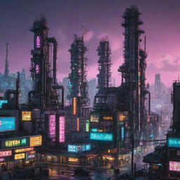 A cityscape in Cyberpunk aesthetics fused with Gaspunk elements, featuring high-tech, dystopian buildings, neon lights, digital billboards, with towering industrial facilities, and chimneys venting gasses under a neon-right sky