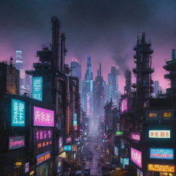 A cityscape in Cyberpunk aesthetics fused with Gaspunk elements, featuring high-tech, dystopian buildings, neon lights, digital billboards, with towering industrial facilities, and chimneys venting gasses under a neon-right sky