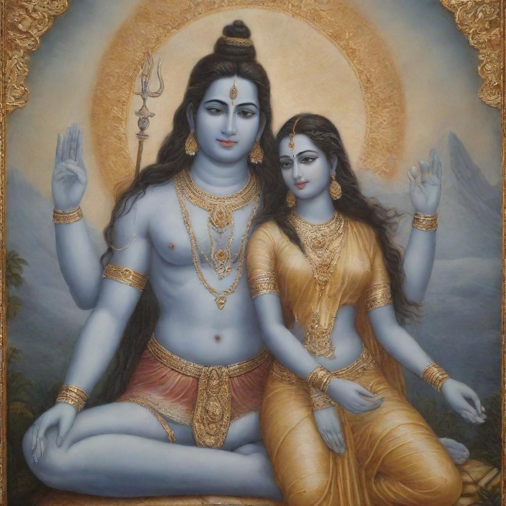 A divine portrayal of Lord Shiva and Parvathi, depicted in a serene posture of blessing, against an ethereal backdrop