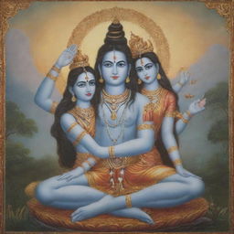 A divine portrayal of Lord Shiva and Parvathi, depicted in a serene posture of blessing, against an ethereal backdrop