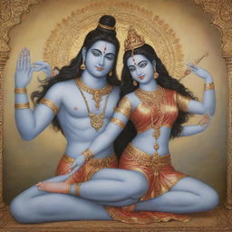 A divine portrayal of Lord Shiva and Parvathi, depicted in a serene posture of blessing, against an ethereal backdrop