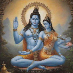 A divine portrayal of Lord Shiva and Parvathi, depicted in a serene posture of blessing, against an ethereal backdrop