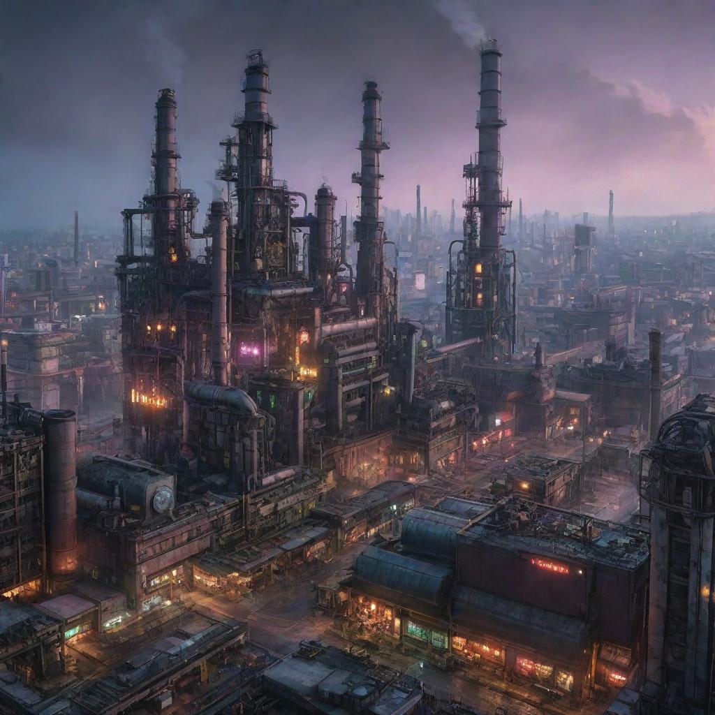 A cityscape blending Cyberpunk and Factorypunk styles, featuring high-tech, dystopian buildings and neon lights intertwined with dominating industrial structures, large smokestacks, intricate conveyor systems and mechanical gears