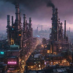 A cityscape blending Cyberpunk and Factorypunk styles, featuring high-tech, dystopian buildings and neon lights intertwined with dominating industrial structures, large smokestacks, intricate conveyor systems and mechanical gears