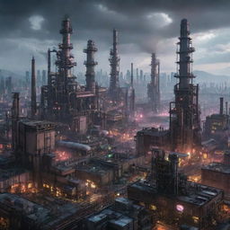 A cityscape blending Cyberpunk and Factorypunk styles, featuring high-tech, dystopian buildings and neon lights intertwined with dominating industrial structures, large smokestacks, intricate conveyor systems and mechanical gears