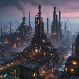 A cityscape blending Cyberpunk and Factorypunk styles, featuring high-tech, dystopian buildings and neon lights intertwined with dominating industrial structures, large smokestacks, intricate conveyor systems and mechanical gears