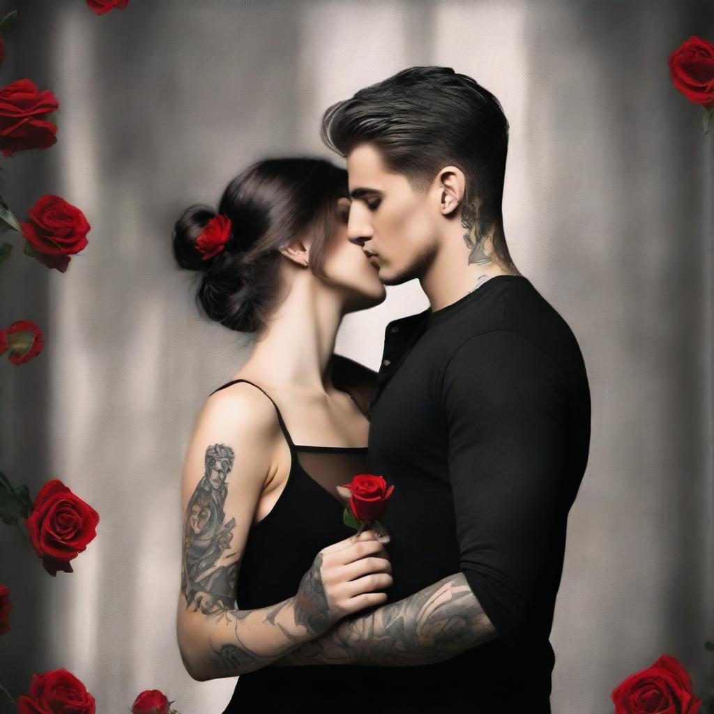 A dark romance book cover featuring a handsome tattooed boy in a black shirt, holding a red rose in one hand