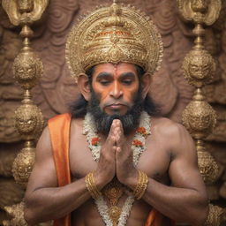 A devoted man, humble in prayer, receiving blessings from the resplendent deity Lord Hanuman, set against a background of sacred iconography