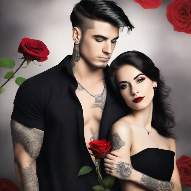 A dark romance book cover featuring a handsome tattooed boy in a black shirt, holding a red rose in one hand