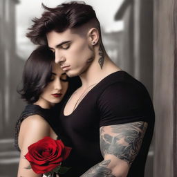 A dark romance book cover featuring a handsome tattooed boy in a black shirt, holding a red rose in one hand