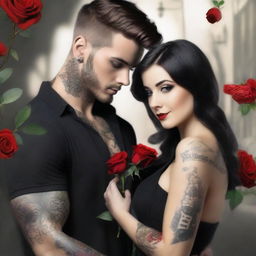 A dark romance book cover featuring a handsome tattooed boy in a black shirt, holding a red rose in one hand