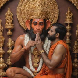 A devoted man, humble in prayer, receiving blessings from the resplendent deity Lord Hanuman, set against a background of sacred iconography