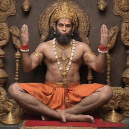 A devoted man, humble in prayer, receiving blessings from the resplendent deity Lord Hanuman, set against a background of sacred iconography