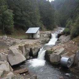 A 1kW micro hydro power plant in a remote area with a fast-flowing river