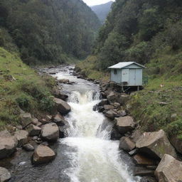 A 1kW micro hydro power plant in a remote area with a fast-flowing river