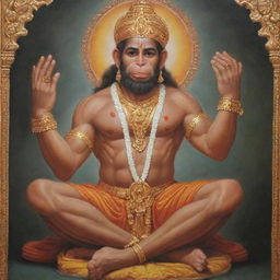 A reverent depiction of the powerful deity, Lord Hanuman, bestowing his blessings upon a humble man in a prayerful pose