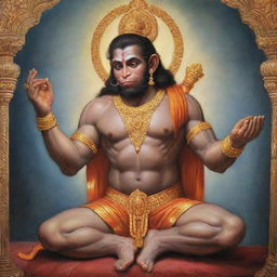 A reverent depiction of the powerful deity, Lord Hanuman, bestowing his blessings upon a humble man in a prayerful pose