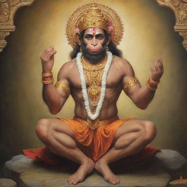 A reverent depiction of the powerful deity, Lord Hanuman, bestowing his blessings upon a humble man in a prayerful pose