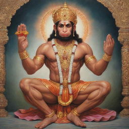 A reverent depiction of the powerful deity, Lord Hanuman, bestowing his blessings upon a humble man in a prayerful pose