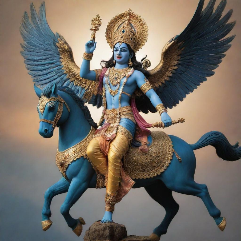 An epic image of Sri Krishna, a revered Hindu deity, majestically mounted on a soaring eagle