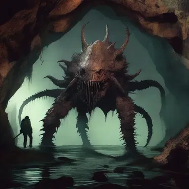 In the dark, eerie cave, they stumbled upon a large, crustaceous creature that sent shivers down their spines in the horror movie.