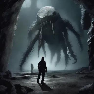 In the dark, eerie cave, they stumbled upon a large, crustaceous creature that sent shivers down their spines in the horror movie.
