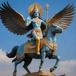 An epic image of Sri Krishna, a revered Hindu deity, majestically mounted on a soaring eagle