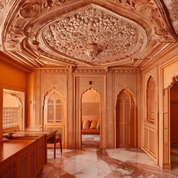 An aesthetic office interior design inspired by a fort in Jaipur, with traditional Rajasthani architecture and ornate details.