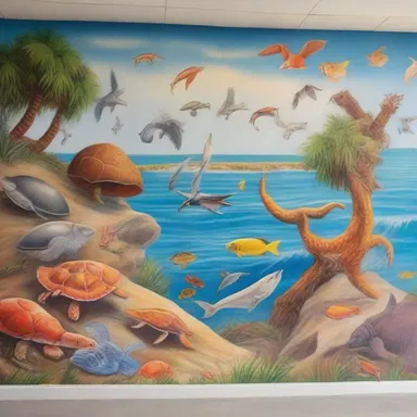 The artist painted a beautiful mural depicting various crustaceous animals along the ocean shore.