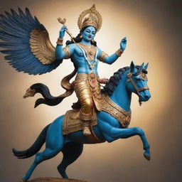 An epic image of Sri Krishna, a revered Hindu deity, majestically mounted on a soaring eagle