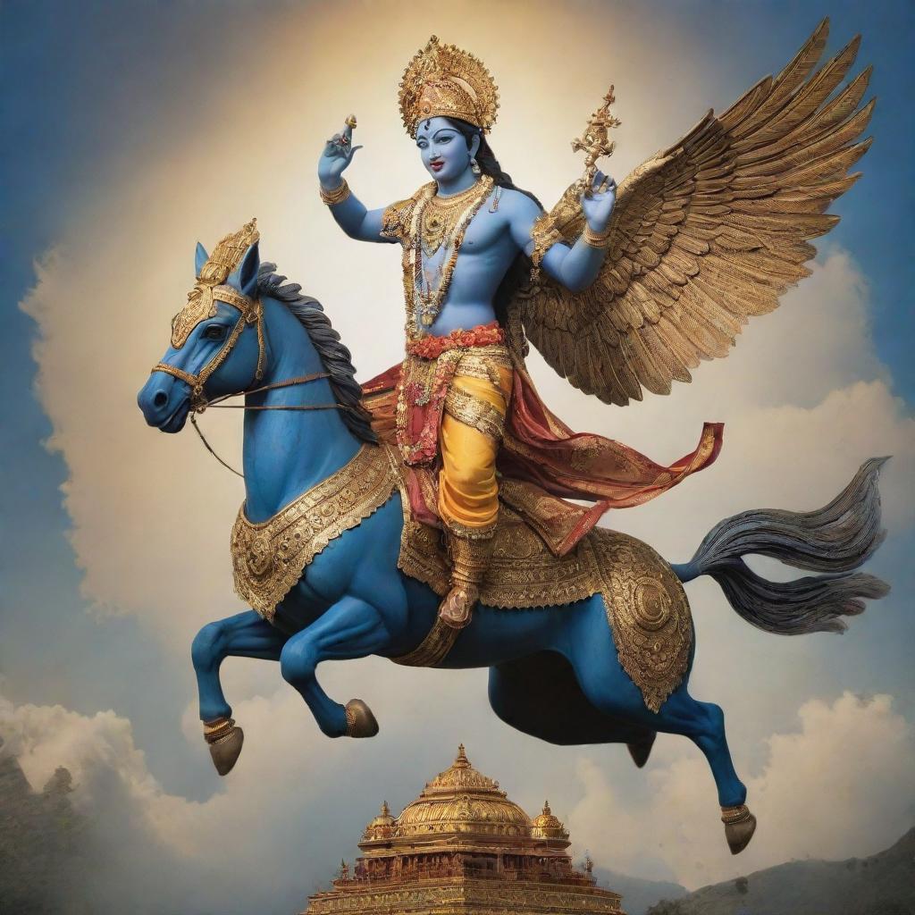 An epic image of Sri Krishna, a revered Hindu deity, majestically mounted on a soaring eagle