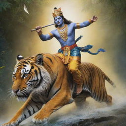 A dynamic portrayal of Sri Krishna, an important deity in Hindu mythology, shown courageously riding a fierce tiger