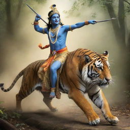 A dynamic portrayal of Sri Krishna, an important deity in Hindu mythology, shown courageously riding a fierce tiger