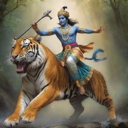 A dynamic portrayal of Sri Krishna, an important deity in Hindu mythology, shown courageously riding a fierce tiger