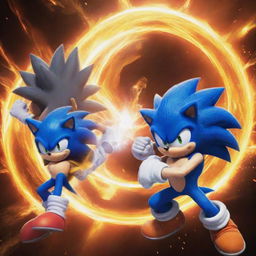 Sonic the Hedgehog and Goku, from Dragon Ball, clashing in an epic battle, generating a powerful energy aura around them