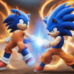 Sonic the Hedgehog and Goku, from Dragon Ball, clashing in an epic battle, generating a powerful energy aura around them