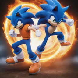 Sonic the Hedgehog and Goku, from Dragon Ball, clashing in an epic battle, generating a powerful energy aura around them