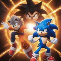 Sonic the Hedgehog and Goku, from Dragon Ball, clashing in an epic battle, generating a powerful energy aura around them