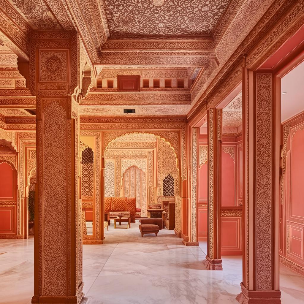 An aesthetic office interior design inspired by a fort in Jaipur, with traditional Rajasthani architecture and ornate details.