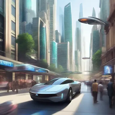 In the futuristic city, the streets were buzzing with flying cars and bustling crowds.