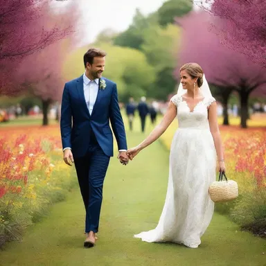 As the couple walked hand in hand through the vibrant park, they were surrounded by buzzing bees and blooming flowers.