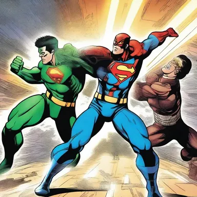 In the comic book, the artist spotlights the action-packed fight scene by illuminating the superheroes with spotlights.