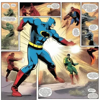 In the comic book, the artist spotlights the action-packed fight scene by illuminating the superheroes with spotlights.